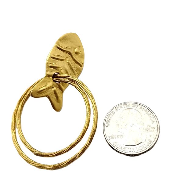 Vintage Norma Jean Matte Gold Fish Hoop Earrings Unique Double Hoop Dangle - Picture 10 of 10